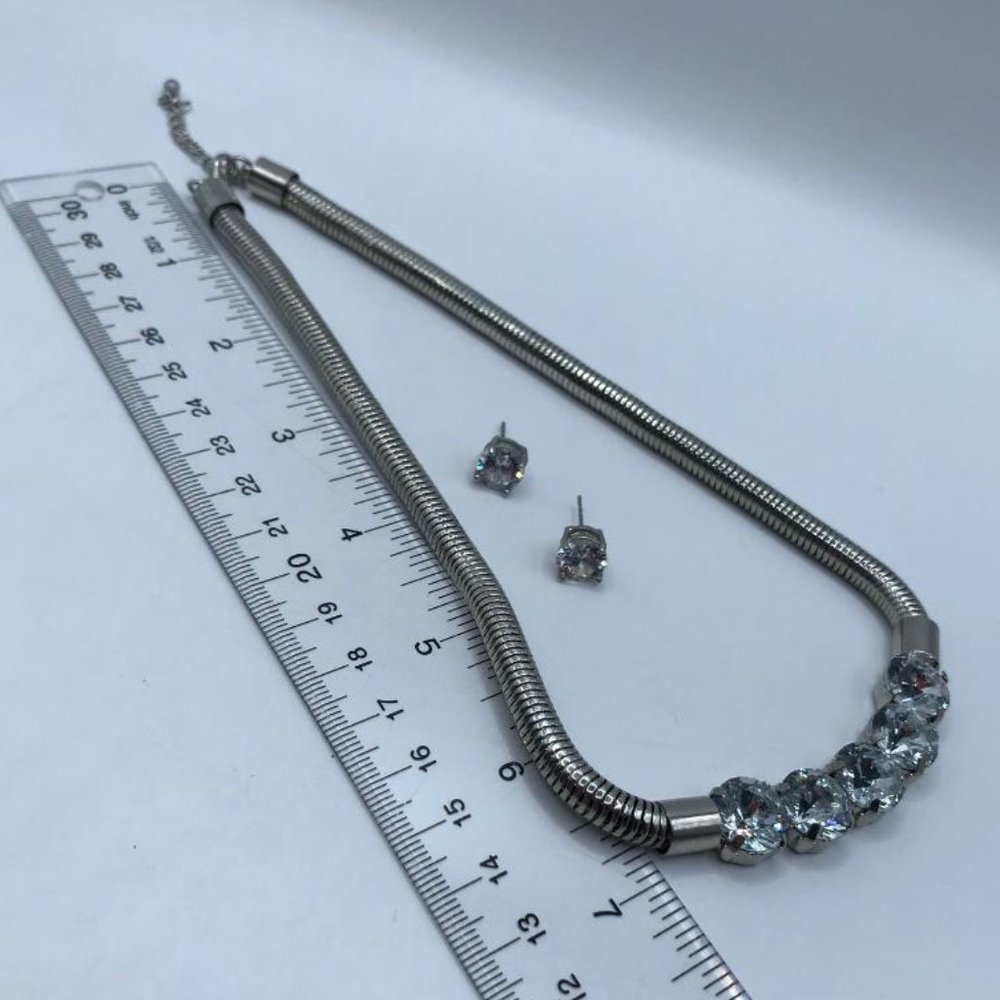 Silver-Tone & 5 Rhinestone Focal Center Necklace & Earrings Set - Picture 7 of 10